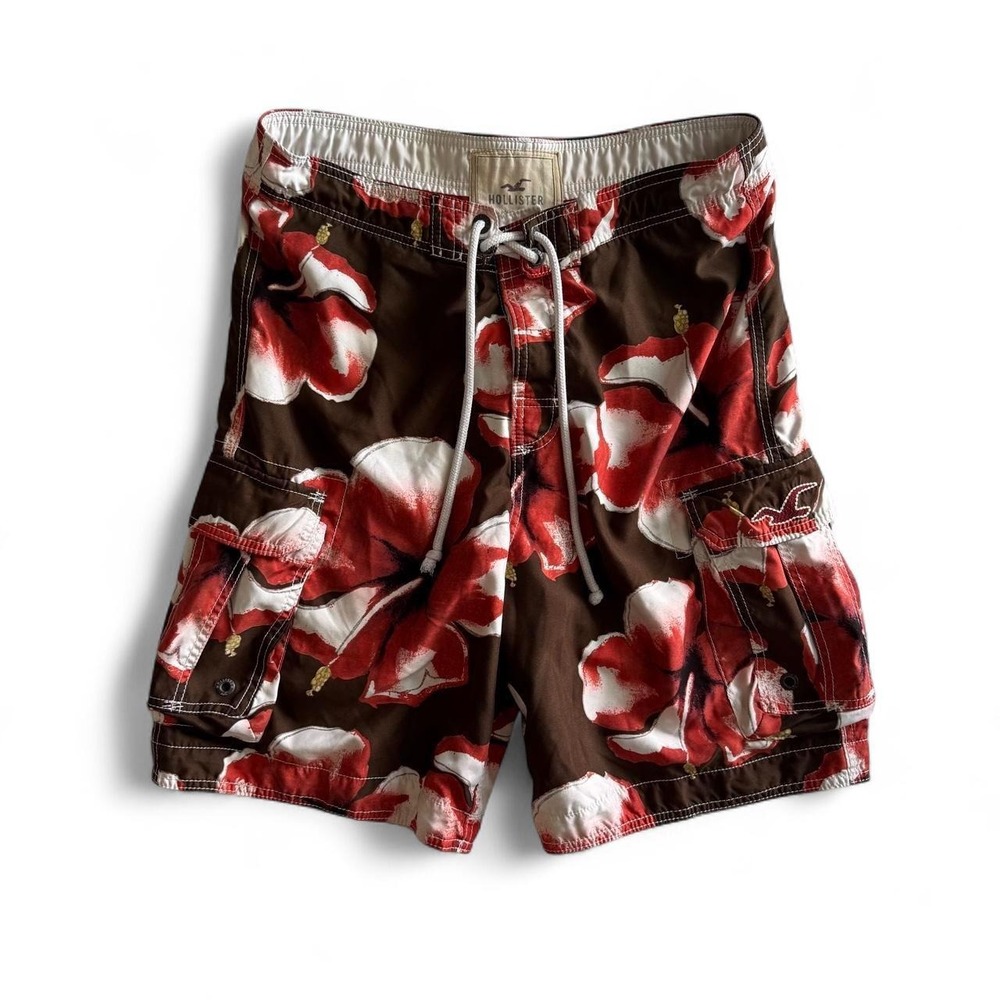 Hollister Mens Floral Board Shorts Brown Red Hibiscus Cargo Swim Trunks Size M